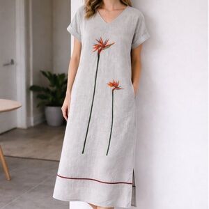 Taikoski Linen Midi Dress Womens Medium Birds of Paradise Embroidered Pockets